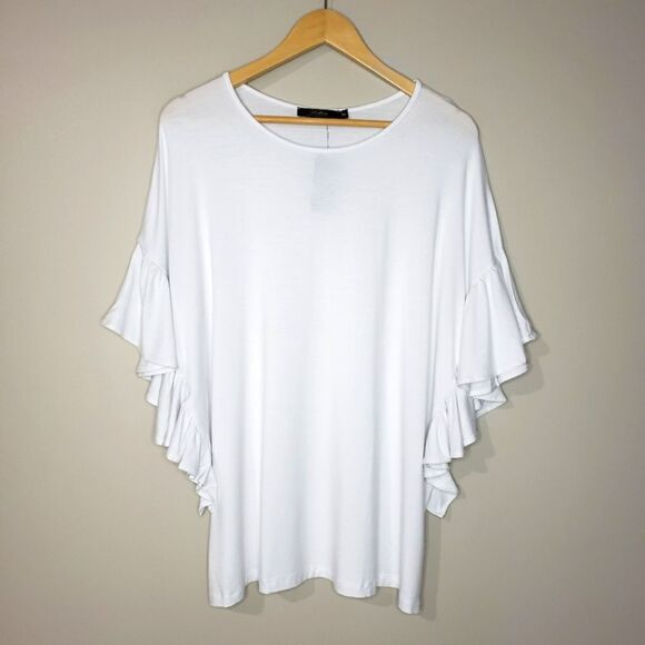 Bellina NWT Medium White Ruffle Butterfly Short. Sleeve Scoop Neck Top - Picture 1 of 8